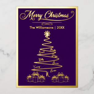 Postal Festiva Con Relieve Metalizado Árbol de oro simple de navidad, presentación, nomb