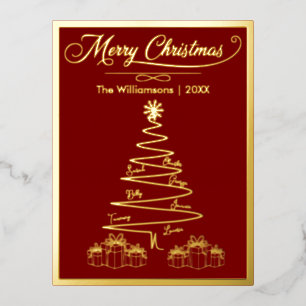 Postal Festiva Con Relieve Metalizado Árbol de oro simple de navidad, presentación, nomb