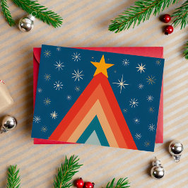 Postal Festiva Con Relieve Metalizado Árbol minimalista de Navidad Rojo y Azul Retro Gro