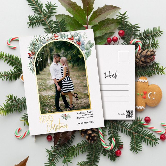 Postal Festiva Con Relieve Metalizado Arch Greenery Merry Christmas Photo (You will love these beautiful Christmas cards! They feature botanical watercolor pine and berries.)