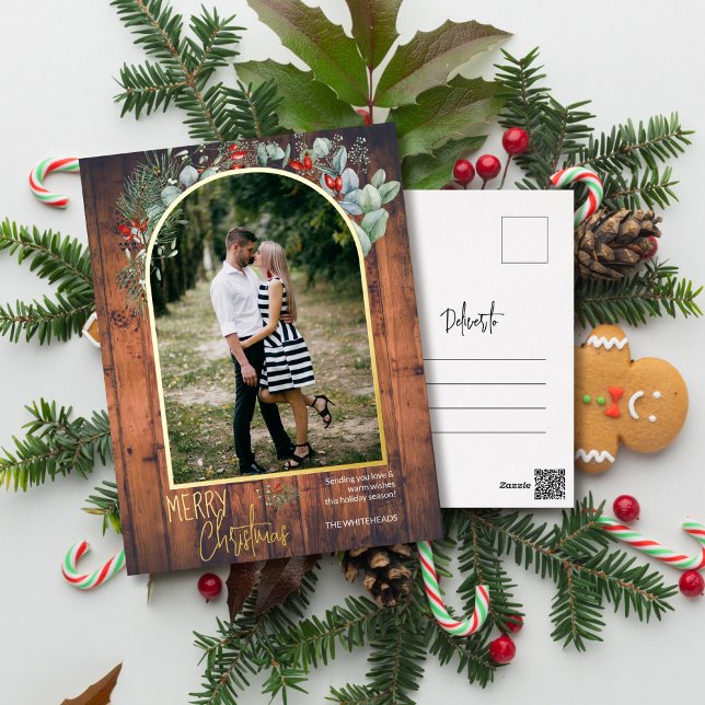 Postal Festiva Con Relieve Metalizado Arch Greenery Merry Christmas Photo Cherry Wood (You will love these beautiful Christmas cards! They feature botanical watercolor pine and berries.)