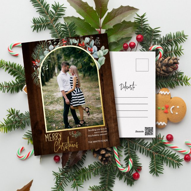 Postal Festiva Con Relieve Metalizado Arch Greenery Merry Christmas Photo Dark Wood (You will love these beautiful Christmas cards! They feature botanical watercolor pine and berries.)