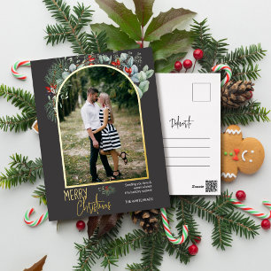 Postal Festiva Con Relieve Metalizado Arch Greenery Merry Christmas Photo Grey