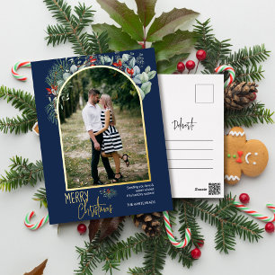 Postal Festiva Con Relieve Metalizado Arch Greenery Merry Christmas Photo Navy Blue