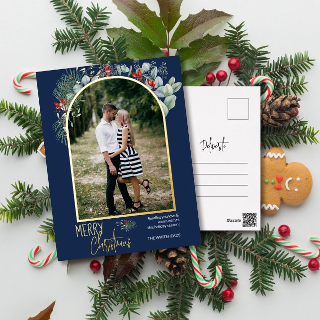 Postal Festiva Con Relieve Metalizado Arch Greenery Merry Christmas Photo Navy Blue (You will love these beautiful Christmas cards! They feature botanical watercolor pine and berries.)