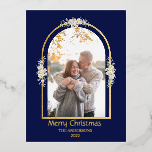 Postal Festiva Con Relieve Metalizado Arco floral Minimalista moderno foto azul real