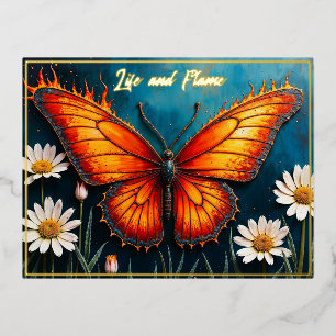 Postal Festiva Con Relieve Metalizado Arma de alas de monarca brillante con fuego brilla