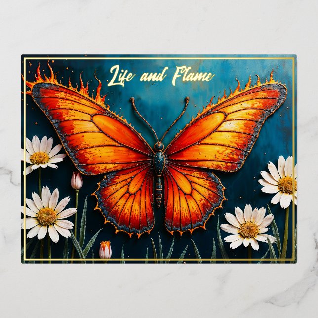 Postal Festiva Con Relieve Metalizado Arma de alas de monarca brillante con fuego brilla (Anverso)