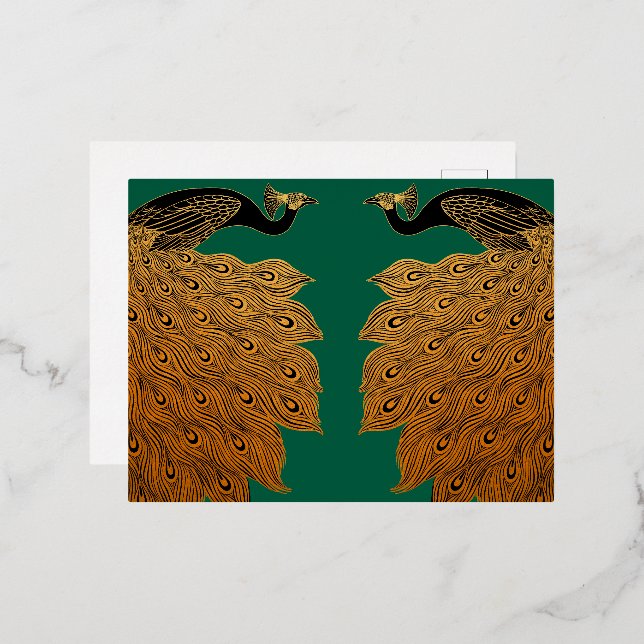 Postal Festiva Con Relieve Metalizado Art Nouveau Peacock Will Bradley (Anverso/Reverso)