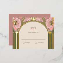 Art Nouveau Vintage Rosa Verde Dorado RSVP de Boda