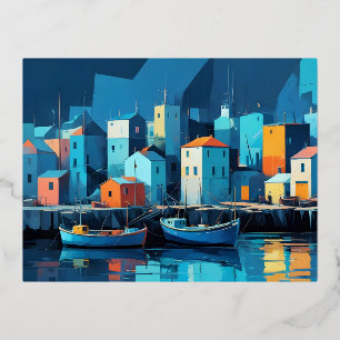 Postal Festiva Con Relieve Metalizado Arte de fondo de pueblo de paisaje abstracto