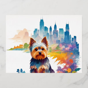 Postal Festiva Con Relieve Metalizado Arte de Yorkshire Terrier Vintage Animal Nature Ci