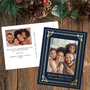 Postal Festiva Con Relieve Metalizado Arte Deco de Navidad Foto Azul Dorado