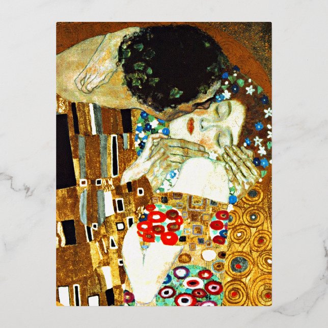Postal Festiva Con Relieve Metalizado Arte Gustav Klimt - El beso (Anverso)
