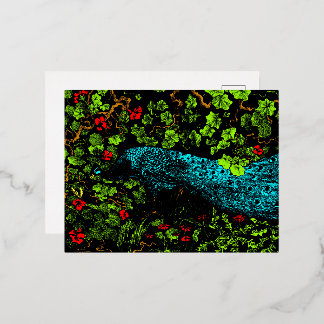 Postal Festiva Con Relieve Metalizado Arte Nouveau Holandés Pavo Real y Mariposa