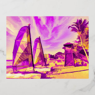 Postal Festiva Con Relieve Metalizado Arte pop de la playa de Santa Lucía