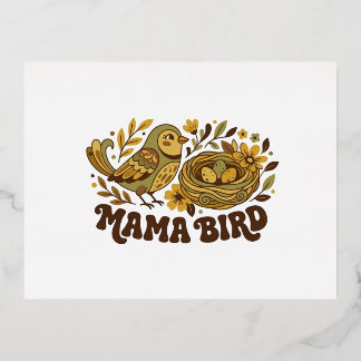 Postal Festiva Con Relieve Metalizado Arte Retro de Mamá Pájaro – Ilustración de la Natu