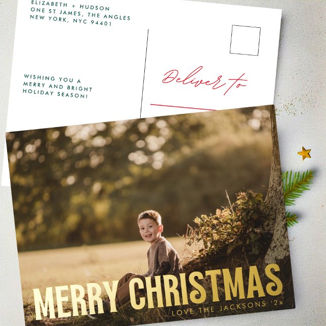Postal Festiva Con Relieve Metalizado Audaz Gold Elegant Merry Christmas Family Photo (Subido por el creador)