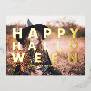 Postal Festiva Con Relieve Metalizado Audaz tipografía moderna foto feliz Halloween