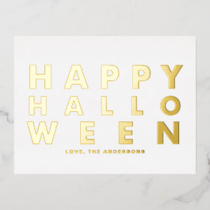 Postal Festiva Con Relieve Metalizado Audaz tipografía moderna White Happy Halloween