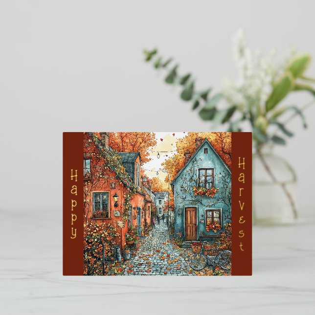 Postal Festiva Con Relieve Metalizado Autumn Leaves Village Street Ilustracion (Anverso de pie)