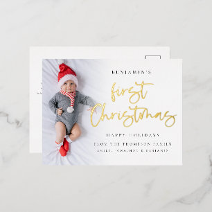 Postal Festiva Con Relieve Metalizado Baby First Christmas Photo Overlay Real