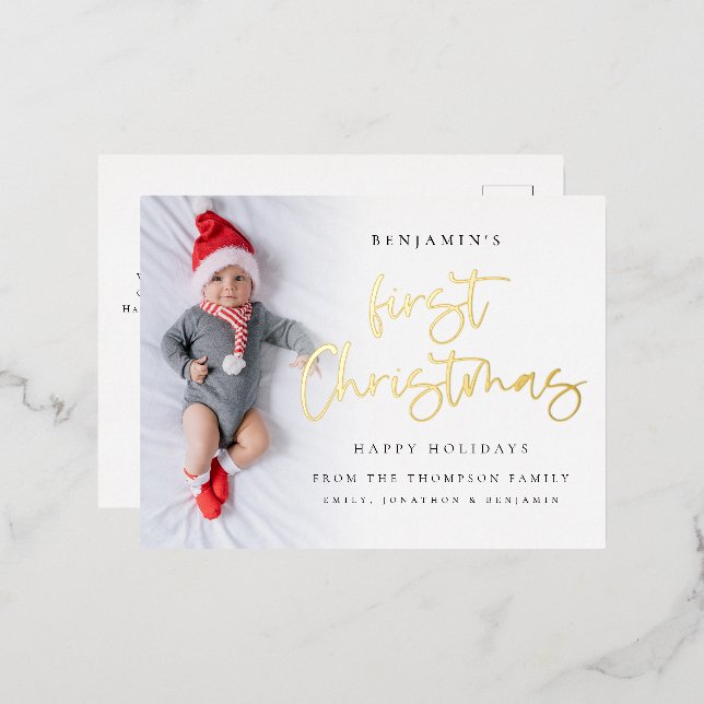 Postal Festiva Con Relieve Metalizado Baby First Christmas Photo Overlay Real (Anverso/Reverso)