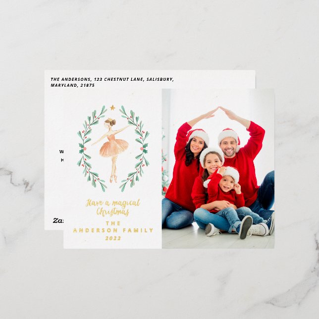 Postal Festiva Con Relieve Metalizado ballerina acuarela una foto (Anverso/Reverso)