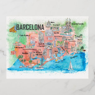 Postal Festiva Con Relieve Metalizado Barcelona Cataluña España Viaje ilustrado