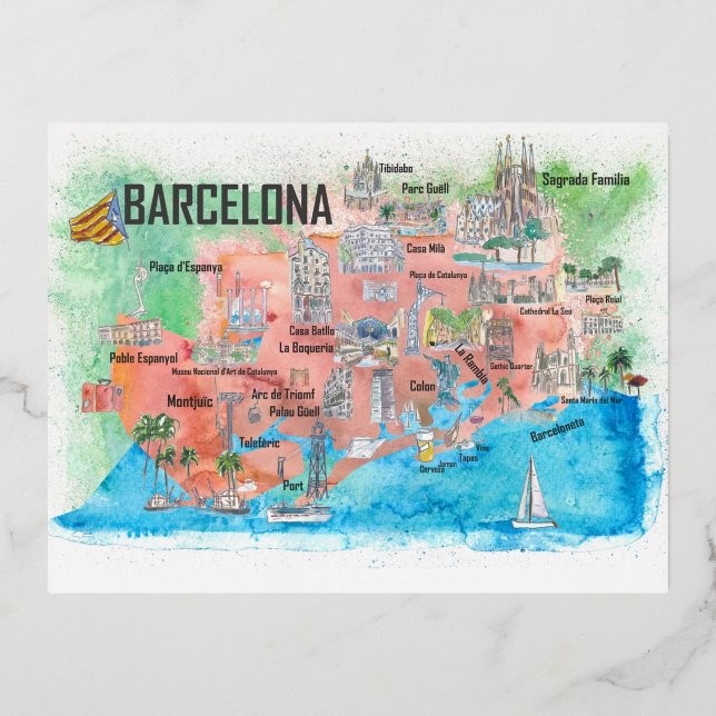 Postal Festiva Con Relieve Metalizado Barcelona Cataluña España Viaje ilustrado (Anverso)