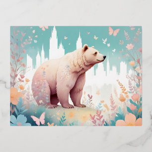 Postal Festiva Con Relieve Metalizado Bear Vintage Animal Nature Environment Flores Art
