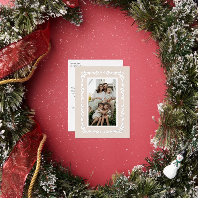 Postal Festiva Con Relieve Metalizado Beige Holly n Pine Border Photo Holiday Christmas (in situ)
