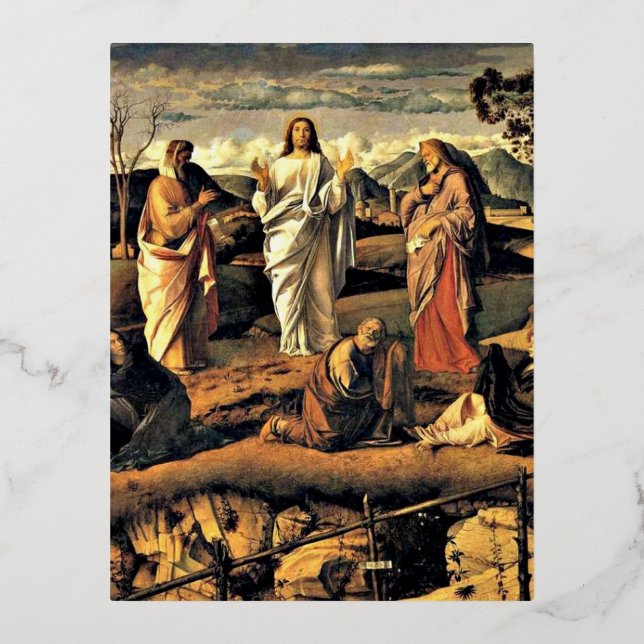 Postal Festiva Con Relieve Metalizado Bellini: Transfiguración de Cristo (Anverso)