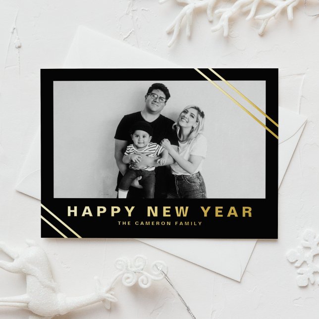 Postal Festiva Con Relieve Metalizado Black Modern Stripes Photo Happy New Year (Subido por el creador)