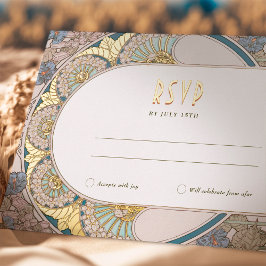 Postal Festiva Con Relieve Metalizado Blue Gold RSVP Insertar Art Nouveau vintage de Muc