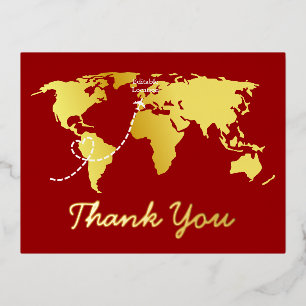 Postal Festiva Con Relieve Metalizado Boda de destino gracias en mapa rojo