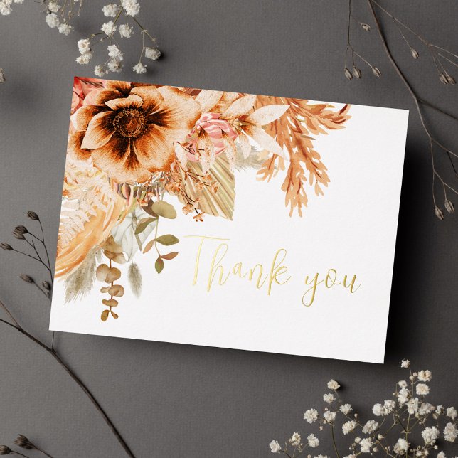 Postal Festiva Con Relieve Metalizado Boda Floral Terracota Moderna Gracias (Modern Terracotta Floral Wedding Thank You Foil Holiday Postcard)