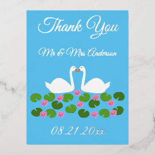 Postal Festiva Con Relieve Metalizado Boda personalizada de cisnes blancos y lirios de a