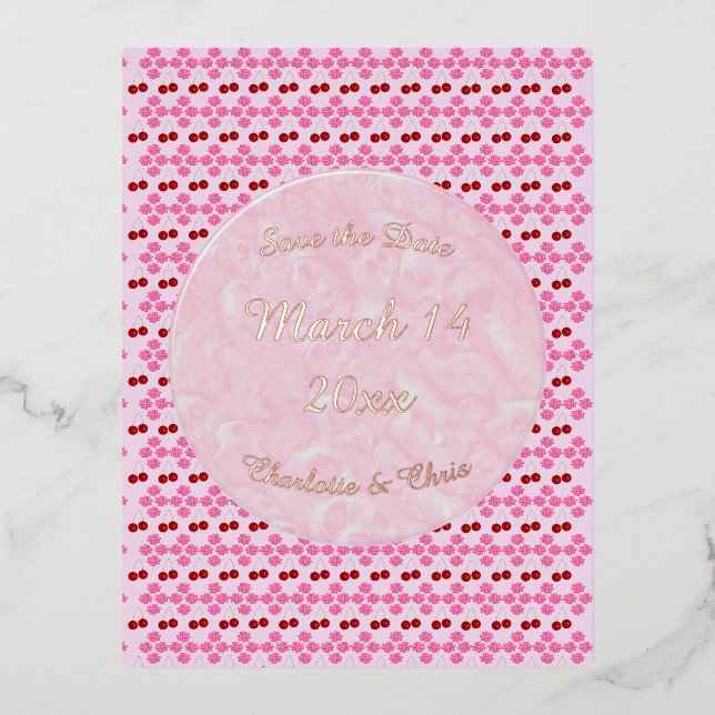 Postal Festiva Con Relieve Metalizado Boda Primavera Rosa Flor de cerezo y cerezas (Anverso)