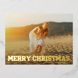 Postal Festiva Con Relieve Metalizado BOLD Simple Fun Feliz Navidad Familia Foto Dorada