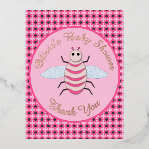 Postal Festiva Con Relieve Metalizado Bonito Bebé Rosa Bee Personalizado Baby Shower