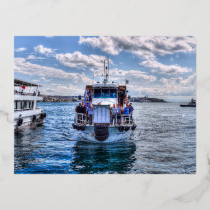 Postal Festiva Con Relieve Metalizado Bósforo de Estambul en barco