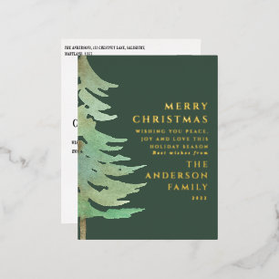 Postal Festiva Con Relieve Metalizado Bosque acuático Feliz Navidad