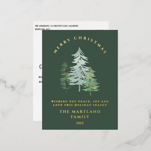 Postal Festiva Con Relieve Metalizado Bosque acuático Feliz Navidad (Anverso/Reverso)