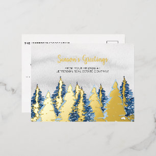 Postal Festiva Con Relieve Metalizado Bosque de pinos nevados acuarela invierno negocios