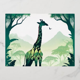 Postal Festiva Con Relieve Metalizado Bosque natural de animales silvestres Giraffe