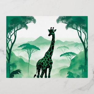 Postal Festiva Con Relieve Metalizado Bosque natural de animales silvestres Giraffe