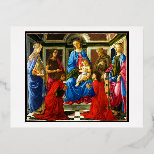 Postal Festiva Con Relieve Metalizado Botticelli Madonna y niño con 6 santos 1470