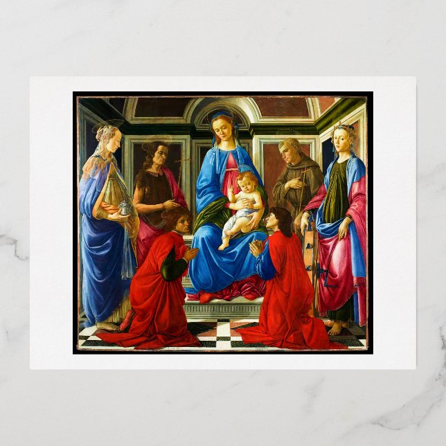 Postal Festiva Con Relieve Metalizado Botticelli Madonna y niño con 6 santos 1470 (Anverso)
