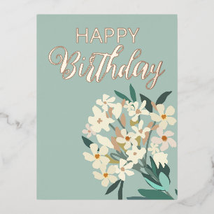 Postal Festiva Con Relieve Metalizado Bouquet Floral Blanca / Cumpleaños Feliz